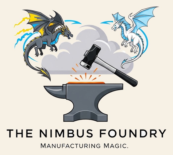 The Nimbus Foundry full logo: a dark dragon and a light dragon framing a hammer striking an anvil inside a cloud, above the words “The Nimbus Foundry — Manufacturing Magic.”
